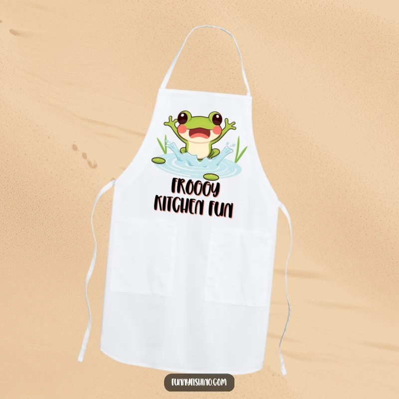 Funny apron with a surprised frog jumping into a pond, creating a joyful splash, perfect for the kitchen.