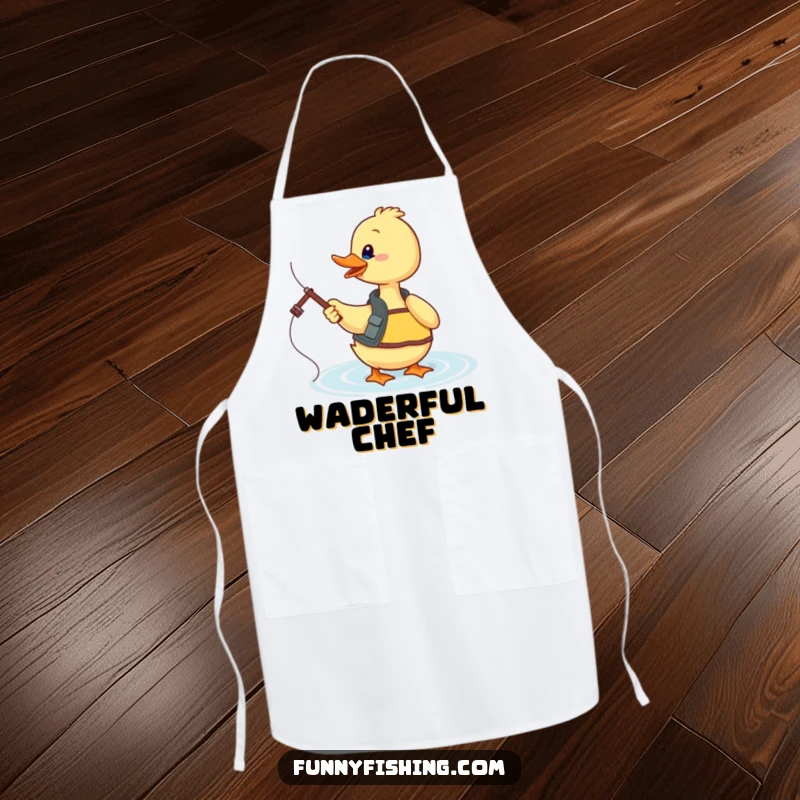 Funny duck chef apron showing an enthusiastic duck in a fishing vest casting its line, bringing fishing fun to the kitchen.