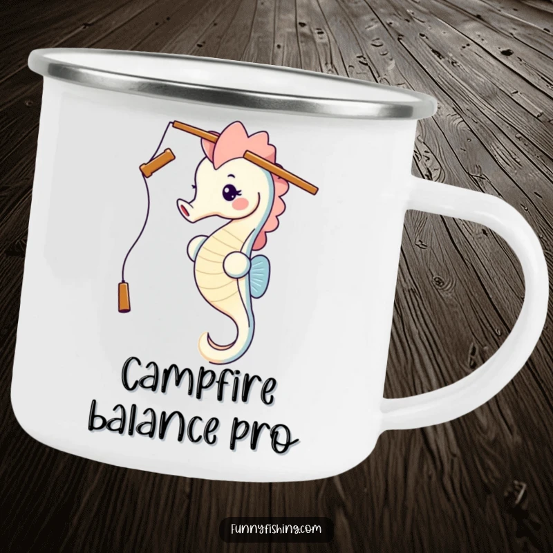 Durable camping mug featuring a happy seahorse balancing a fishing rod on its head, for humorous outdoor enjoyment.