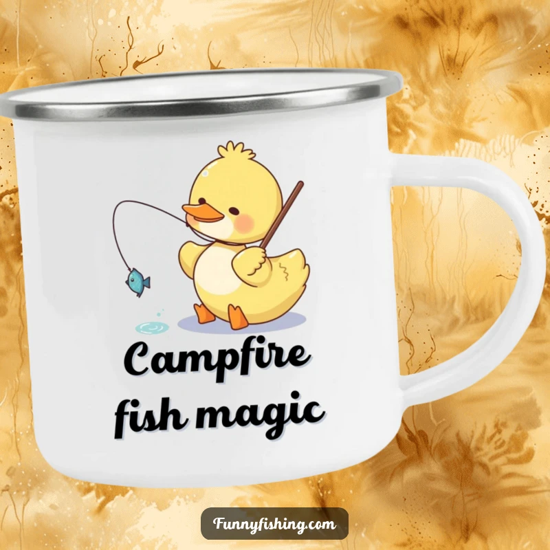 Funny duck camping mug featuring a happy duck character reeling in a small, glittering fish, perfect for outdoor enthusiasts with a sense of humor.
