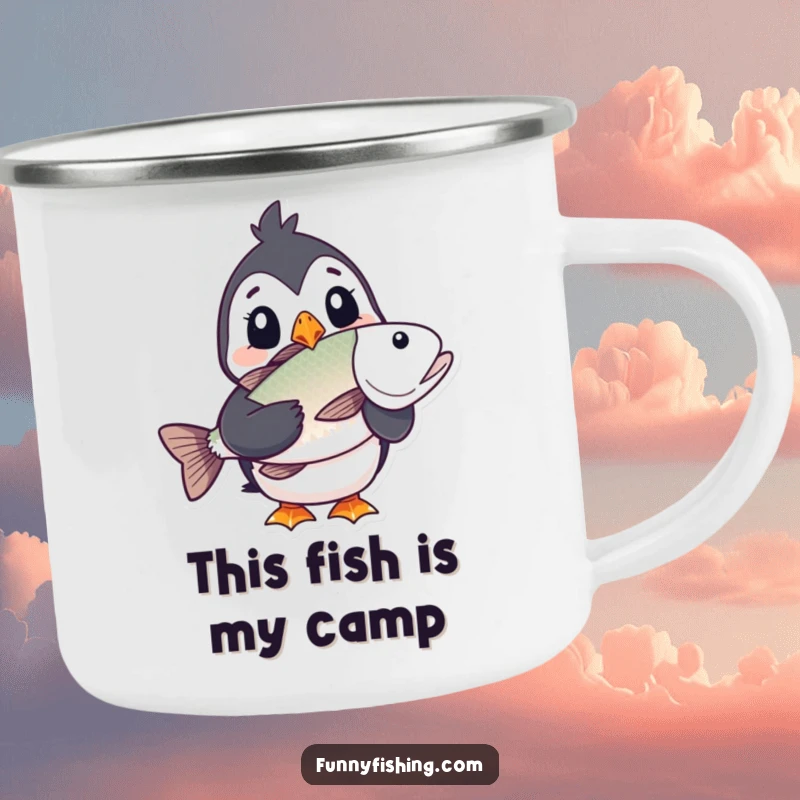 Funny puffin camping mug featuring a puffin character's comically surprised expression while holding a large fish, perfect for rugged humor.