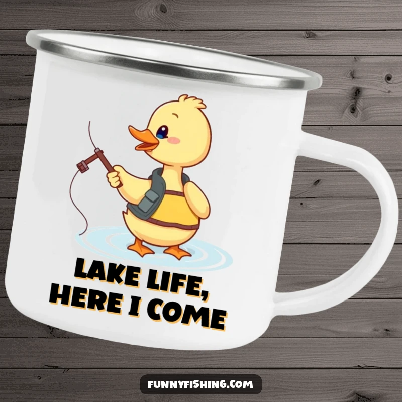 Funny duck fishing camping mug showing a duck in a fishing vest casting its line into sparkling water, ready for the outdoors.