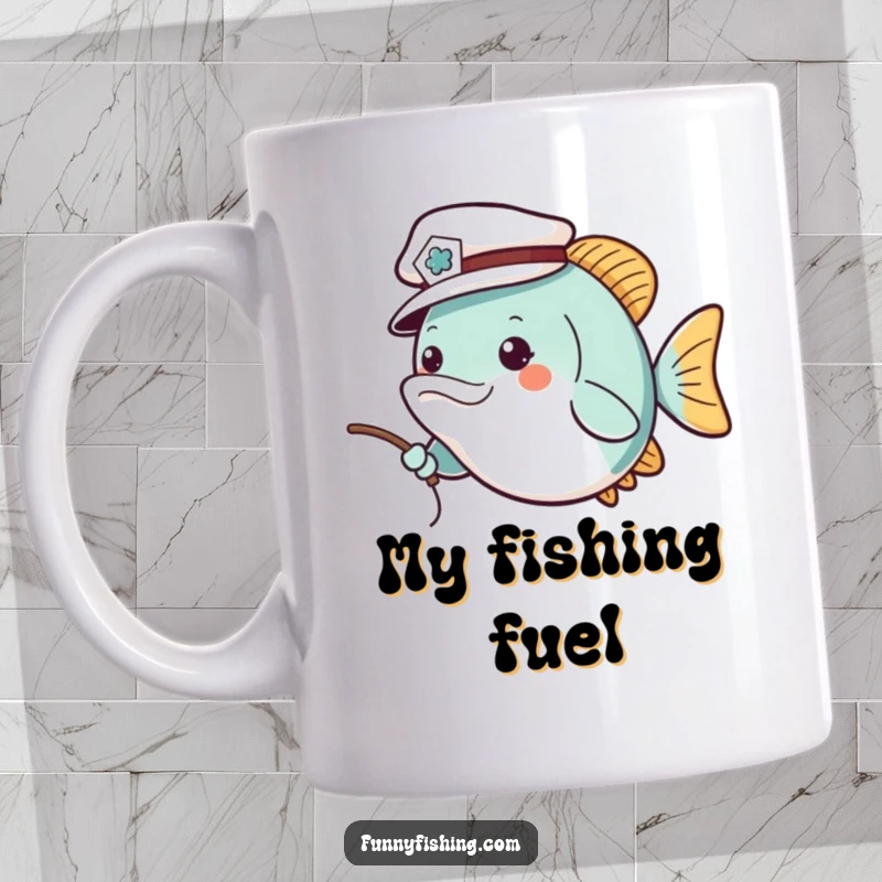 Funny mug featuring a cheerful fish character wearing a tiny sailor hat, happily casting a fishing line, embodying fun and angling delight.