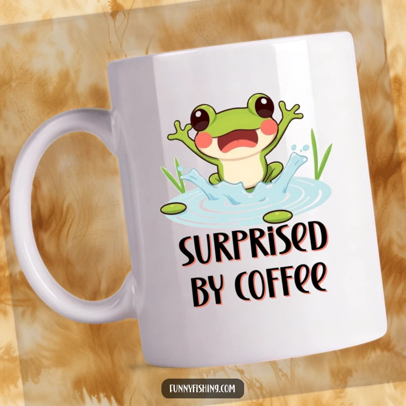 Funny mug featuring a surprised frog jumping into a pond, creating a joyful splash.