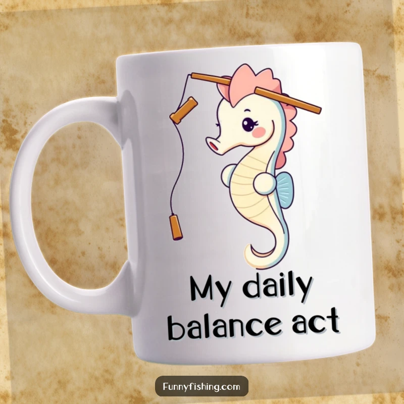 Funny seahorse with a fishing rod balanced perfectly on its head, looking happy and ready to cast a line, printed on a coffee mug.