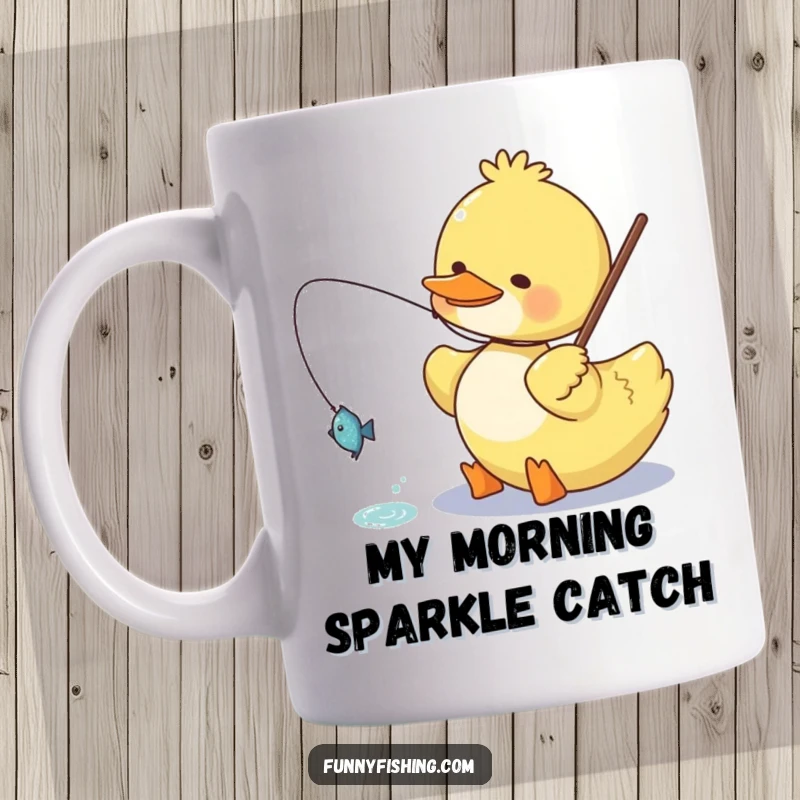 Funny duck mug showing a happy duck character joyfully reeling in a small, sparkling fish, perfect for cheerful mornings and anglers.