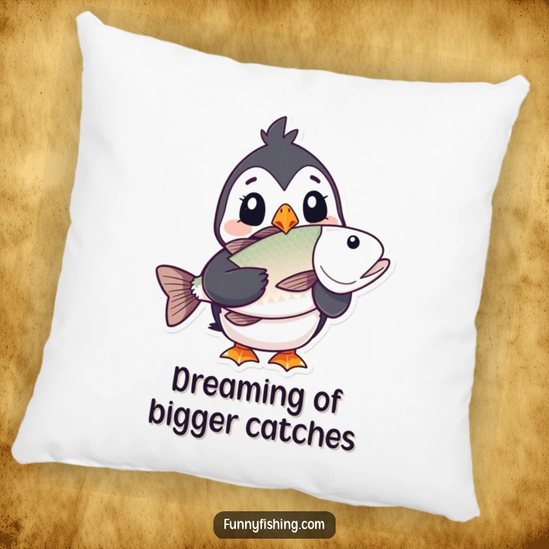 Funny puffin pillow depicting a puffin character's shocked expression while holding a very large fish, offering comfort and comical appeal.