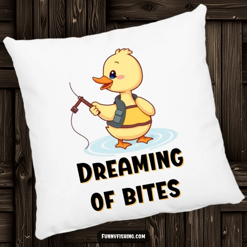 Funny duck fishing pillow featuring a duck in a fishing vest enthusiastically casting its line into sparkling water, adding comfort and humor.