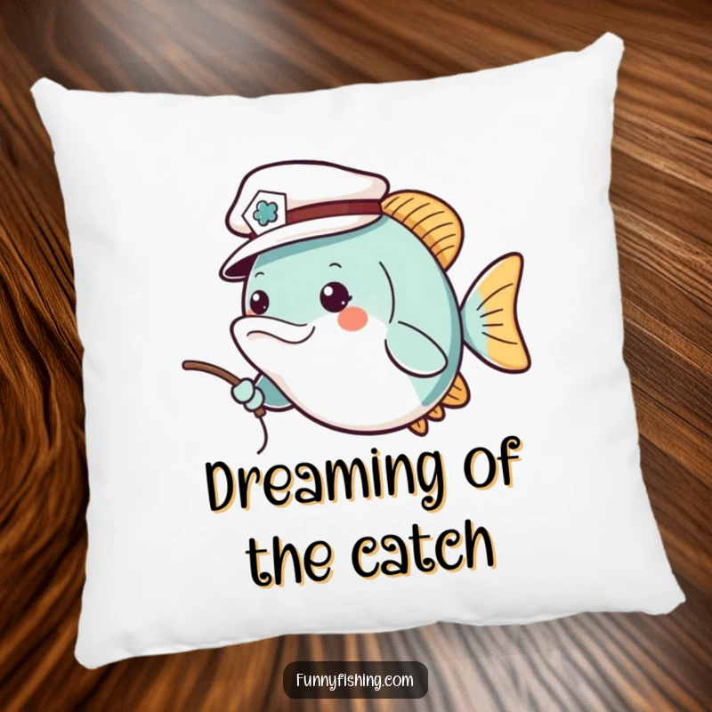 Funny pillow with a cheerful fish wearing a tiny sailor hat, casting a fishing line, providing comfort and a touch of nautical, humorous charm.