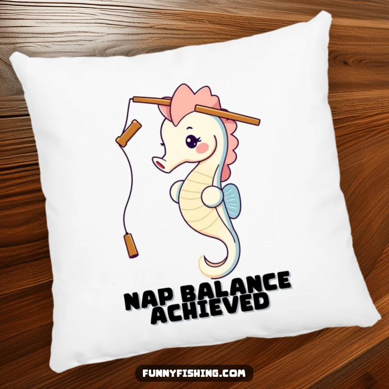 Soft pillow featuring a funny seahorse humorously balancing a fishing rod on its head, perfect for adding comedic comfort to any couch.