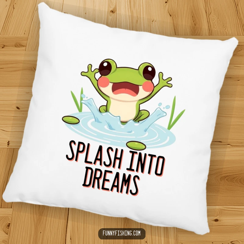 Funny pillow with a surprised frog jumping into a pond, creating a joyful splash, for comfort.