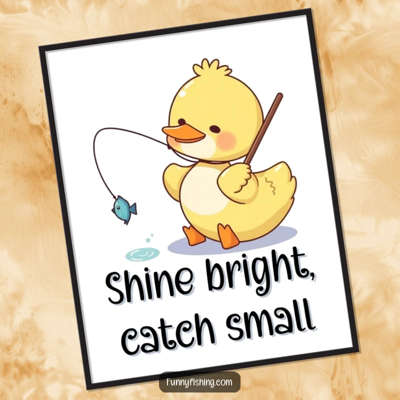 Funny duck digital art print showing a happy duck character reeling in a small, glittering fish, ideal for cheerful and humorous home decor.