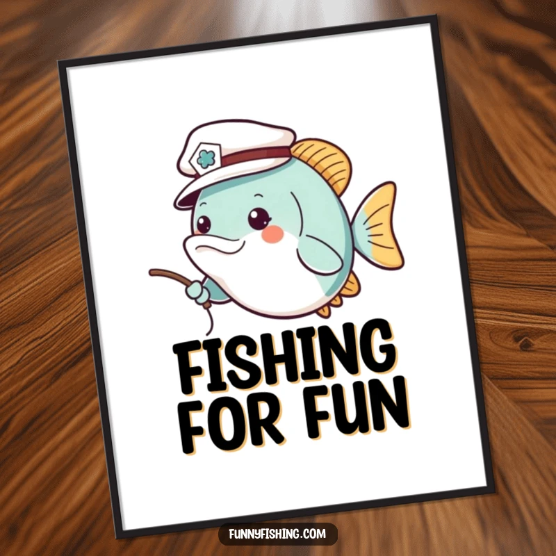 Funny digital art print of a cheerful fish wearing a tiny sailor hat, casting a fishing line, adding instant nautical fun and lighthearted humor.