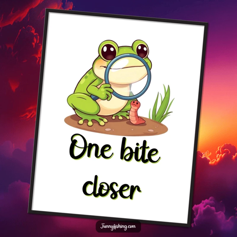 Funny frog digital art print showing a frog with a magnifying glass zooming in on a tiny, struggling worm, ready to print.