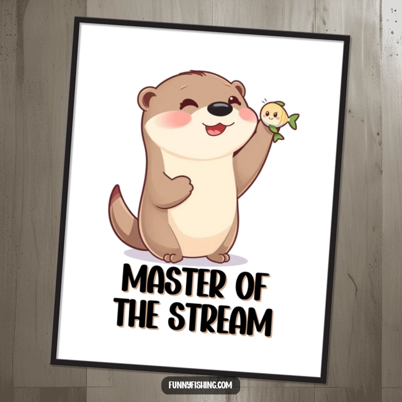 Funny otter digital art print of a happy otter with small paws triumphantly holding a tiny, smiling fish, ready to be printed.