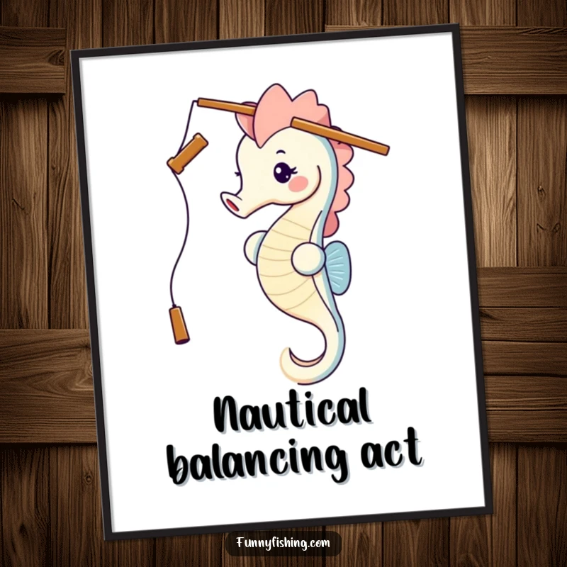 Funny seahorse balancing a fishing rod on its head, digital art print, perfect for instant download and humorous home decor.