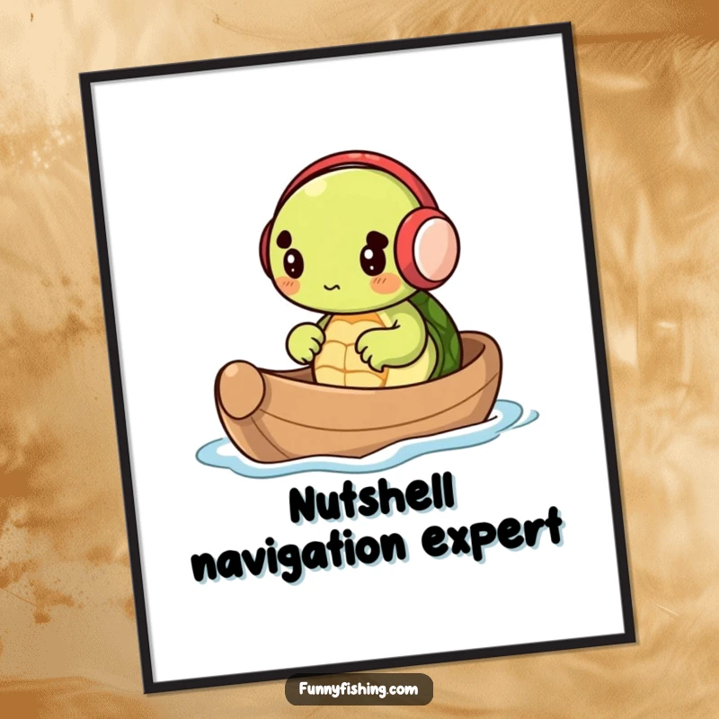 Funny digital art print of a tiny turtle in earmuffs rowing a nutshell boat, ideal for instant download and whimsical decor.
