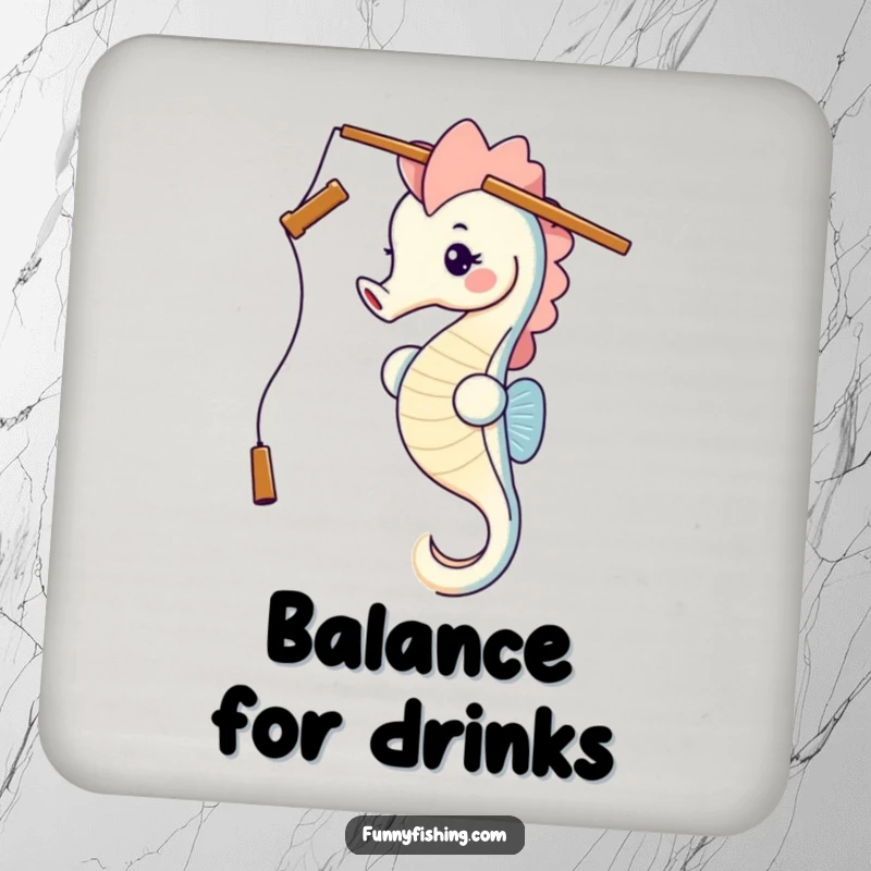 Funny seahorse balancing a fishing rod on its head, printed on a drink coaster for a humorous touch to beverage service.