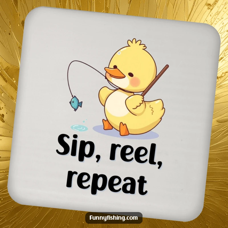 Funny duck drink coaster depicting a happy duck character reeling in a small, glittering fish, protecting surfaces with a humorous design.