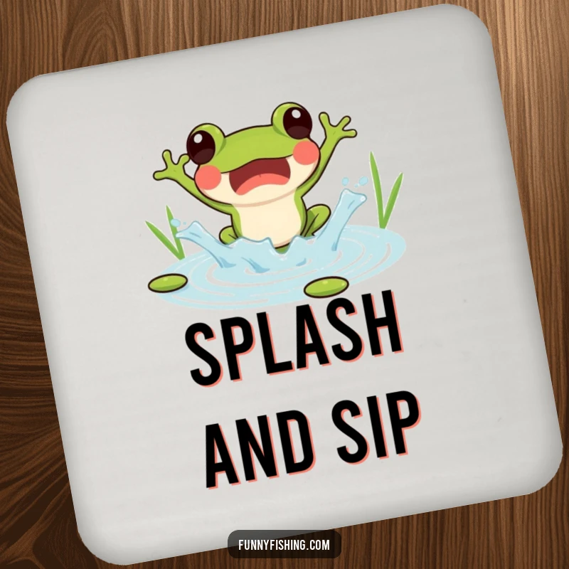 Funny coaster with a surprised frog jumping into a pond, creating a joyful splash, protecting surfaces.