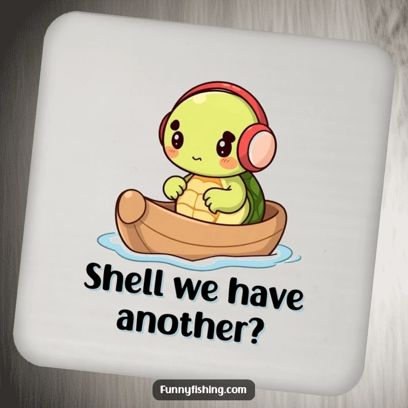 Funny drink coaster with a tiny turtle wearing earmuffs and rowing a nutshell boat, offering humorous protection for surfaces.