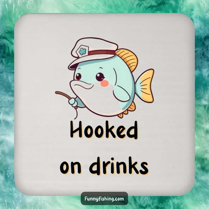 Funny coaster with a cheerful fish wearing a tiny sailor hat, casting a fishing line, protecting surfaces with nautical, humorous flair.
