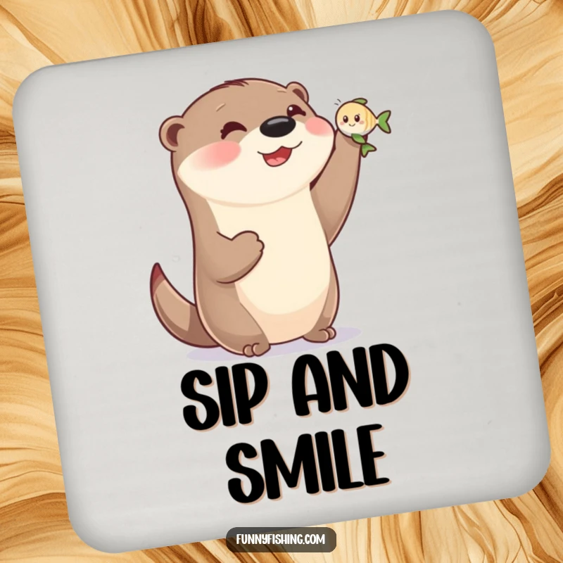 Funny otter coasters depicting a happy otter with small paws holding a tiny, smiling fish, protecting your furniture with humor.