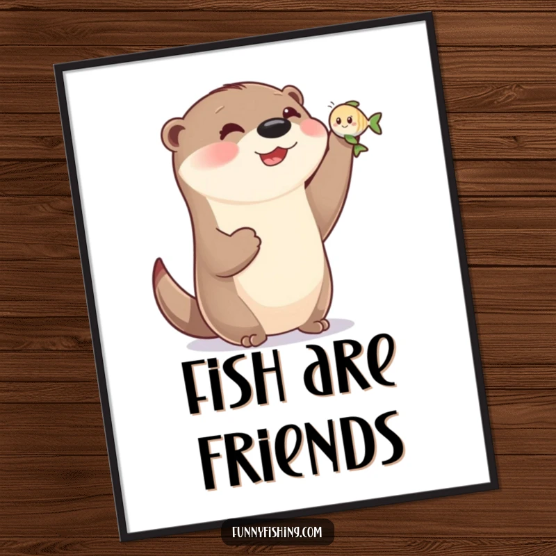 Funny otter poster print of a happy otter proudly holding a tiny, smiling fish, bringing a whimsical and humorous vibe.