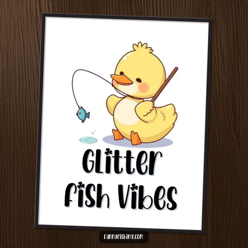 Funny duck poster illustrating a happy duck character joyfully reeling in a tiny, glittering fish, adding whimsical humor to wall decor.