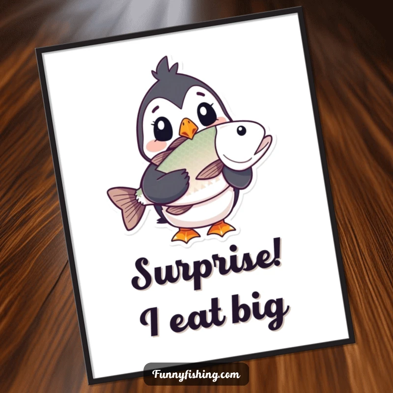 Funny puffin poster showcasing a puffin character's comical surprise while holding an enormous fish, adding humor and personality to walls.