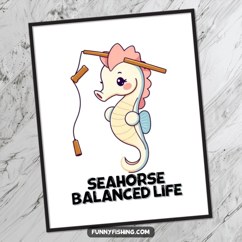 Funny seahorse art print showcasing a seahorse balancing a fishing rod on its head, bringing aquatic humor to any wall space.