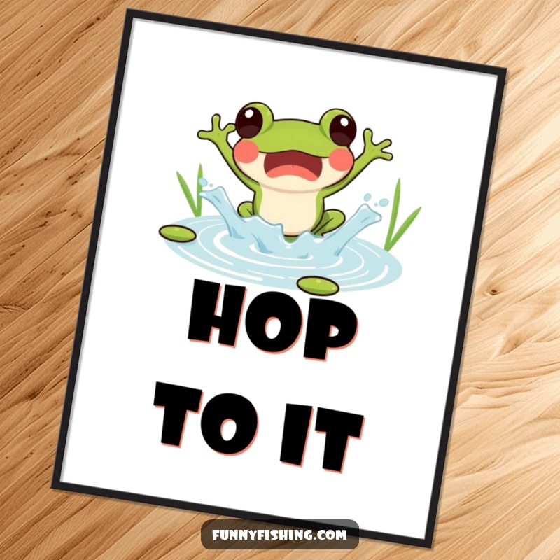 Funny poster featuring a surprised frog jumping into a pond, creating a joyful splash, for whimsical decor.