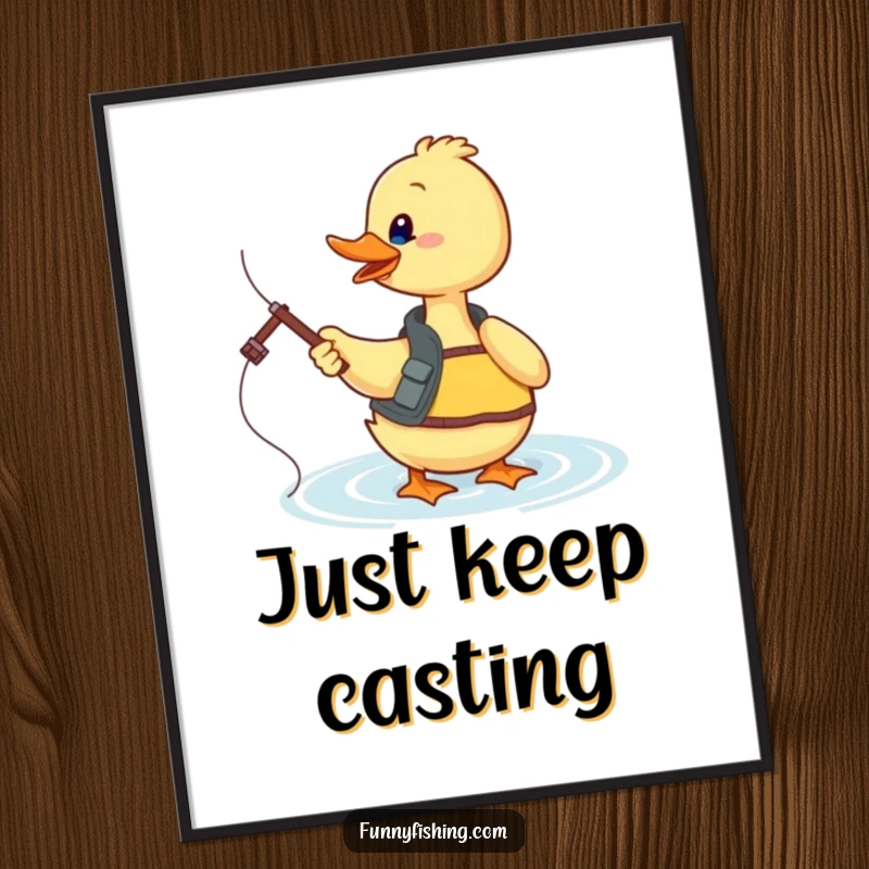 Funny duck fishing poster of a playful duck in a vest casting its line into sparkling water, bringing a humorous vibe.