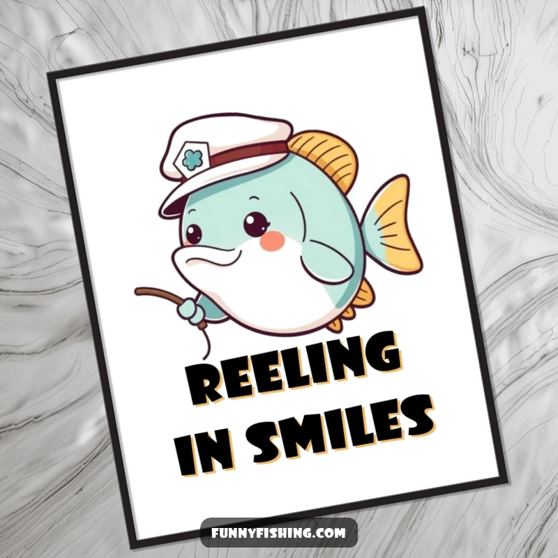 Funny poster of a cheerful fish wearing a tiny sailor hat, casting a fishing line, bringing nautical vibes and lighthearted humor to any room.