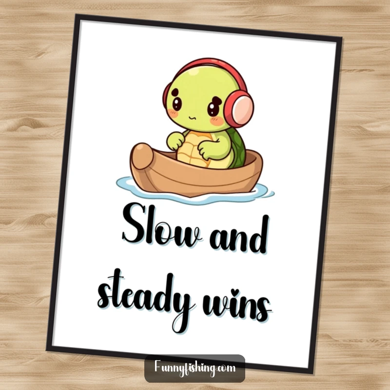 Funny wall art print of a small turtle wearing earmuffs, happily rowing a nutshell boat, adding whimsical humor to decor.