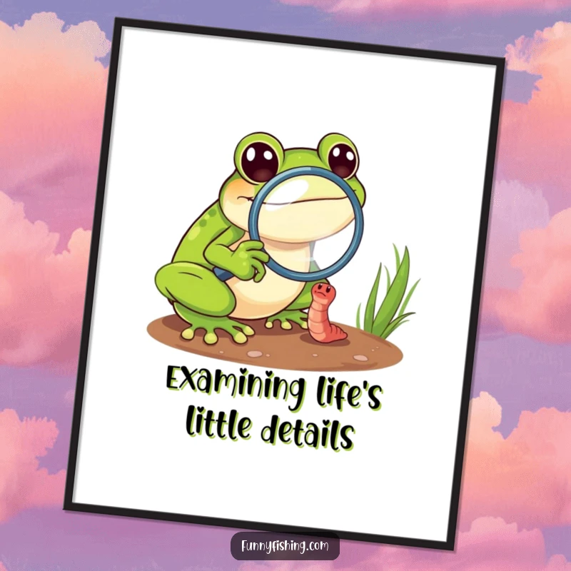 Funny Free Printable Wall Art: Cheerful frog with magnifying glass zooms in on a struggling worm, adding quirky humor to decor.