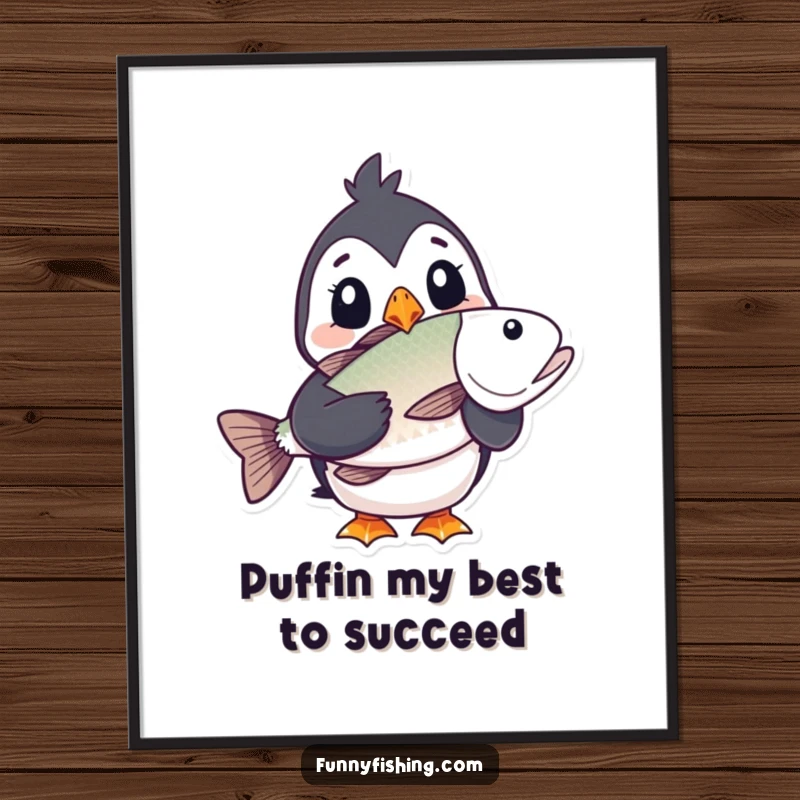 Funny Free Printable Wall Art of a puffin with a shocked face holding a surprisingly large fish.