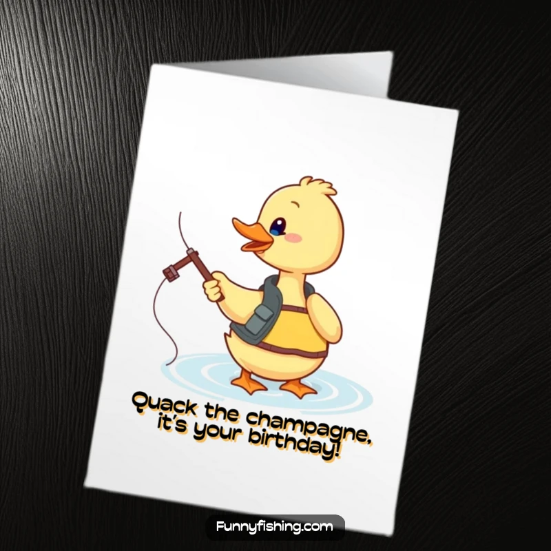 Funny Free Printable Birthday Card: Playful duck in fishing vest casts line into sparkling water, celebrating a birthday catch.