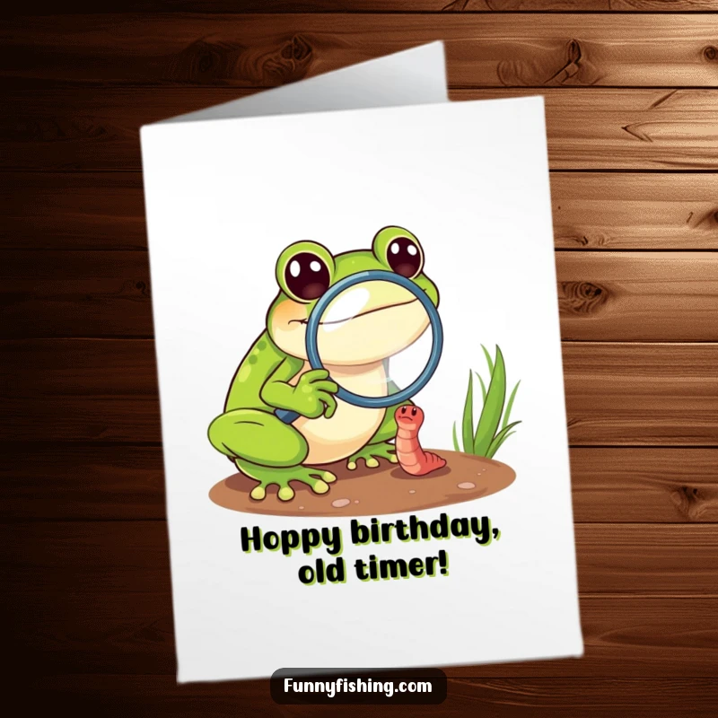 Funny Free Printable Birthday Card: Cheerful frog with magnifying glass zooms in on struggling worm, celebrating a birthday.