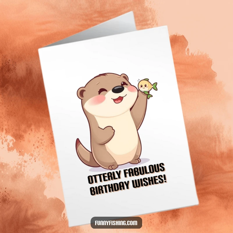 Funny Free Printable Birthday Card: Happy otter with small paws triumphantly holds tiny smiling fish, celebrating a special occasion.