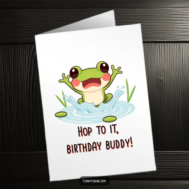 Funny Free Printable Happy Birthday Card: Surprised frog jumping into a pond, splashing joyfully.