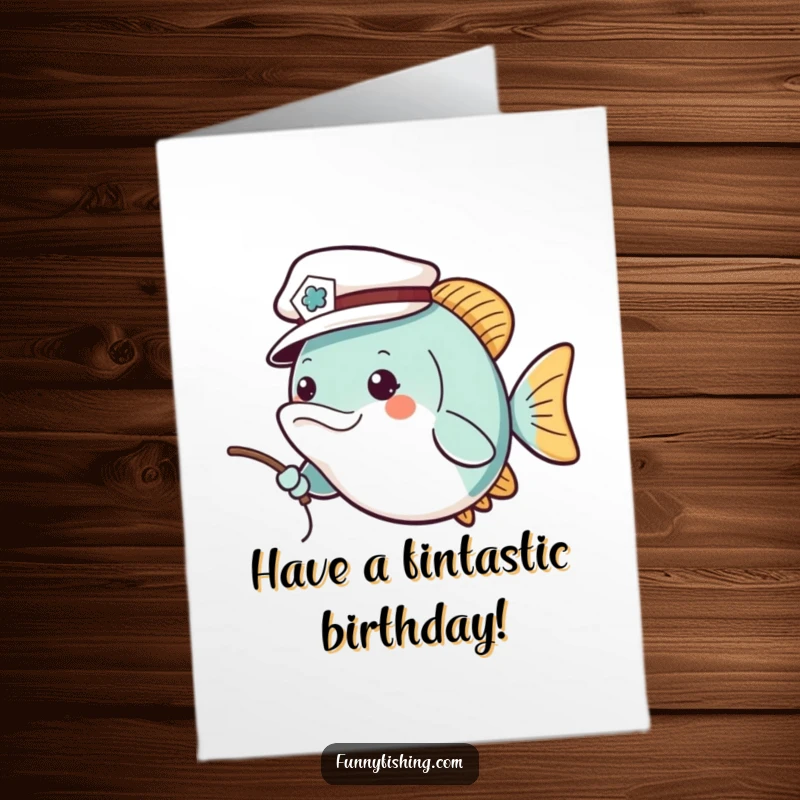 Funny Free Printable Birthday Card: Cheerful fish in a sailor hat enthusiastically casts a fishing line, celebrating.