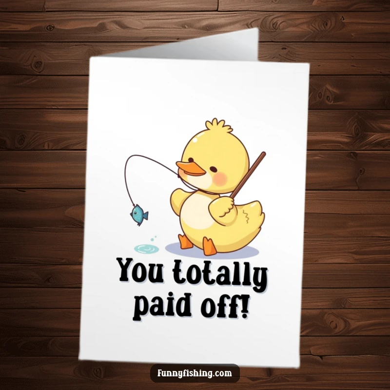 Funny Free Printable Congratulations Card of a happy duck proudly holding a small glittering fish it caught.