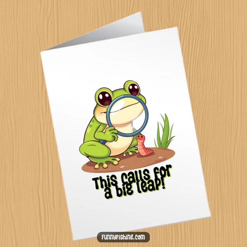 Funny Free Printable Congratulations Card: Cheerful frog with magnifying glass zooms in on a tiny worm, celebrating success.
