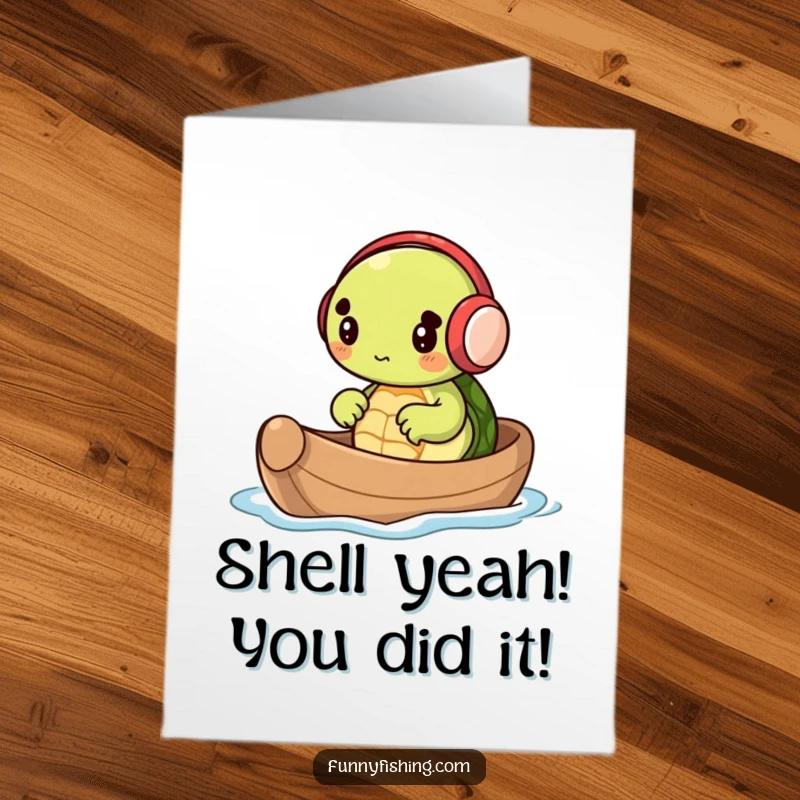 Funny Free Printable Congratulations Card featuring a turtle in earmuffs navigating a nutshell boat, symbolizing a new journey.
