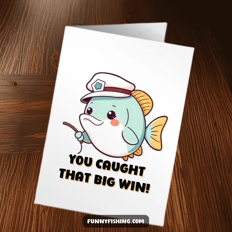 Funny Free Printable Congratulations Card: Happy fish in a sailor hat casts a fishing line, celebrating achievements.