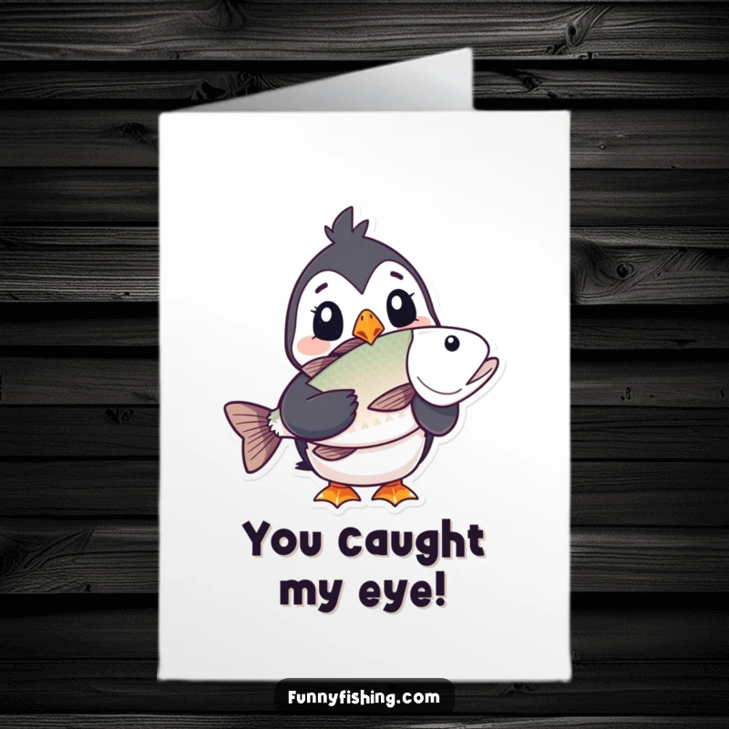 Funny Free Printable Congratulations Card featuring a surprised puffin holding an enormous fish.
