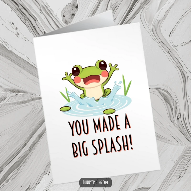 Funny Free Printable Congratulations Card: Frog jumping into a pond with a joyful splash.