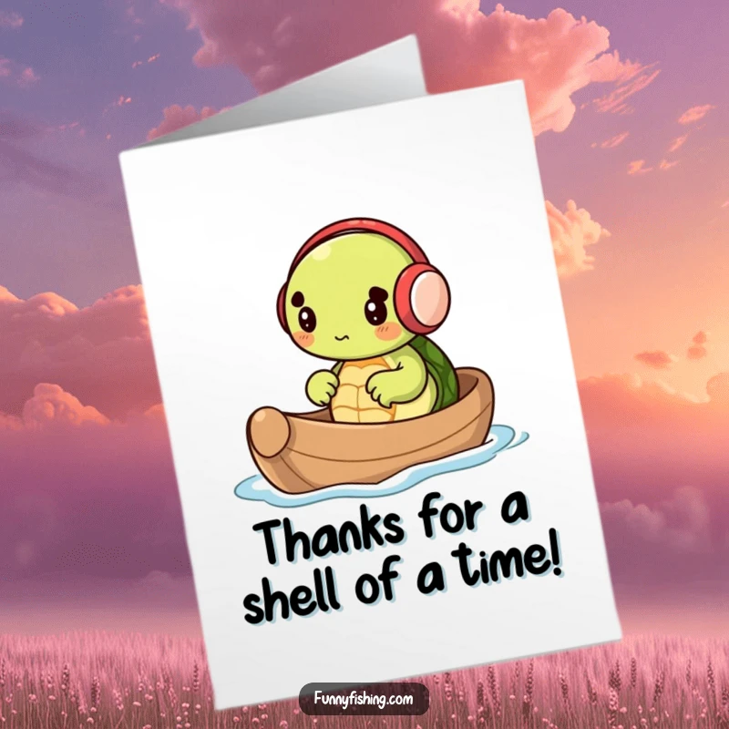 Funny Free Printable Thank You Card of a turtle in earmuffs rowing a nutshell boat, expressing thanks for a voyage.