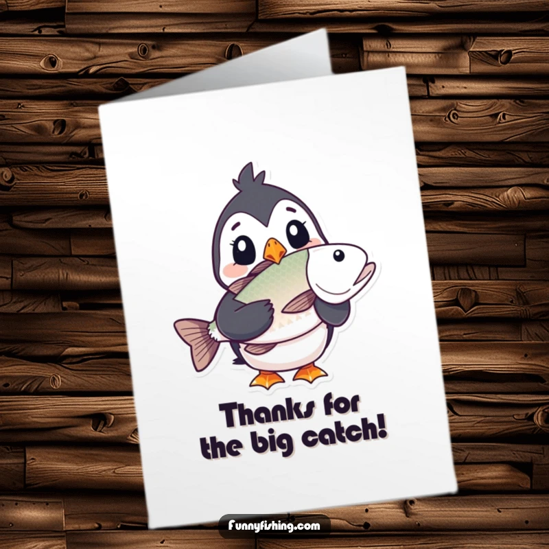 Funny Free Printable Thank You Card with a puffin looking shocked at a giant fish.